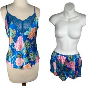In Bloom by Jonquil Floral Satin Pajama Set Blue Lace Trim Cami Shorts Large